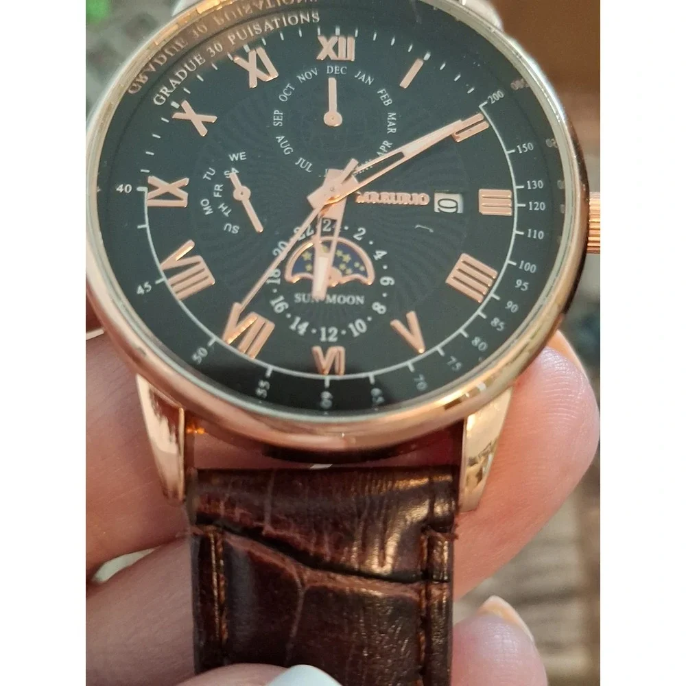 Mreurio 43mm Rose Gold Mens Chrono Watch. Brown  Alligator Embossed Band.